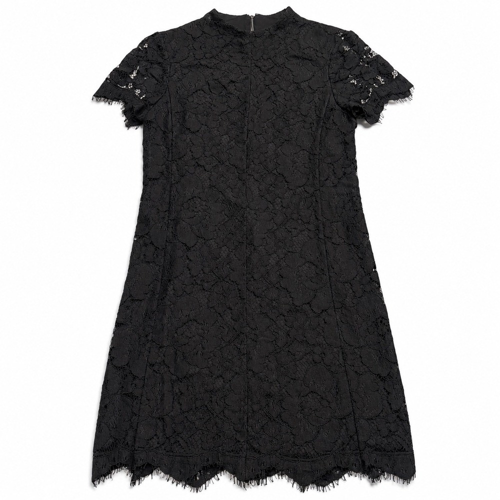 Betsy Johnson Black Floral Lace Mock Neck Shift Dress with Eyelash Fringe